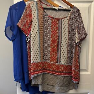 Patterned Red and Tan, Blue Women's Tops. Layered, sheer sleeves, split-back.